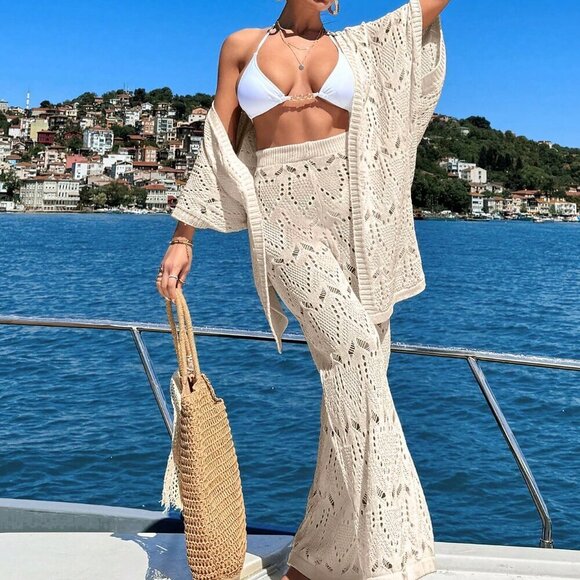 Beige Women's Crochet Knit Cover Up Jacket And Pants Cover-Up Set - Picture 5 of 7